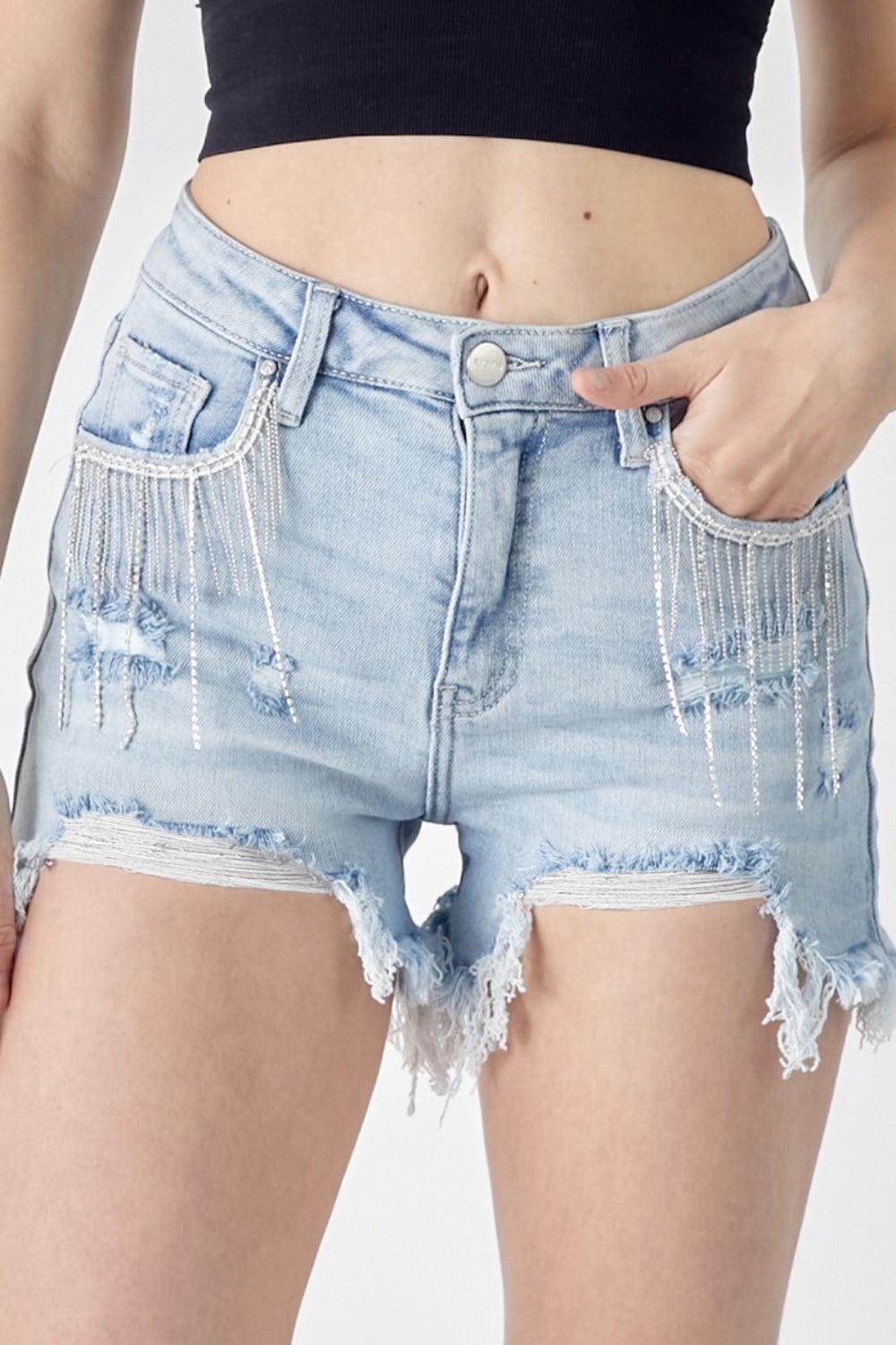 RISEN Frayed Hem Denim Shorts with Fringe Detail Pockets - Selvanelle