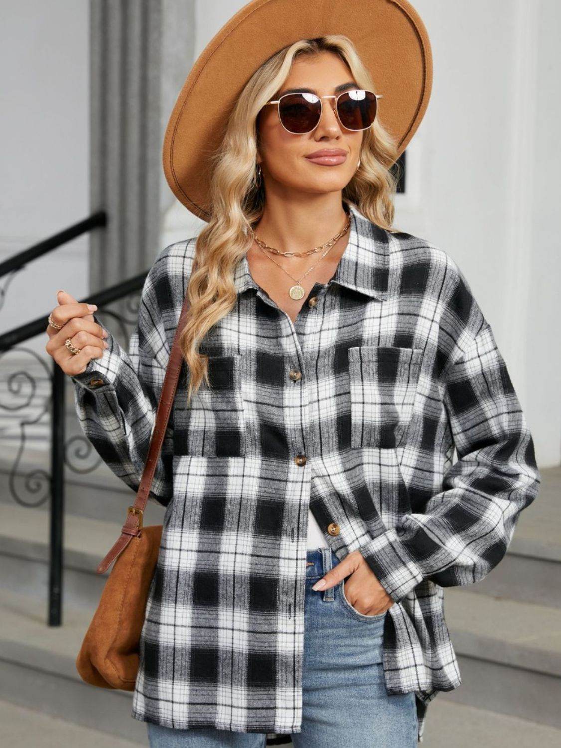 Plaid Collared Neck Long Sleeve Shirt - Selvanelle