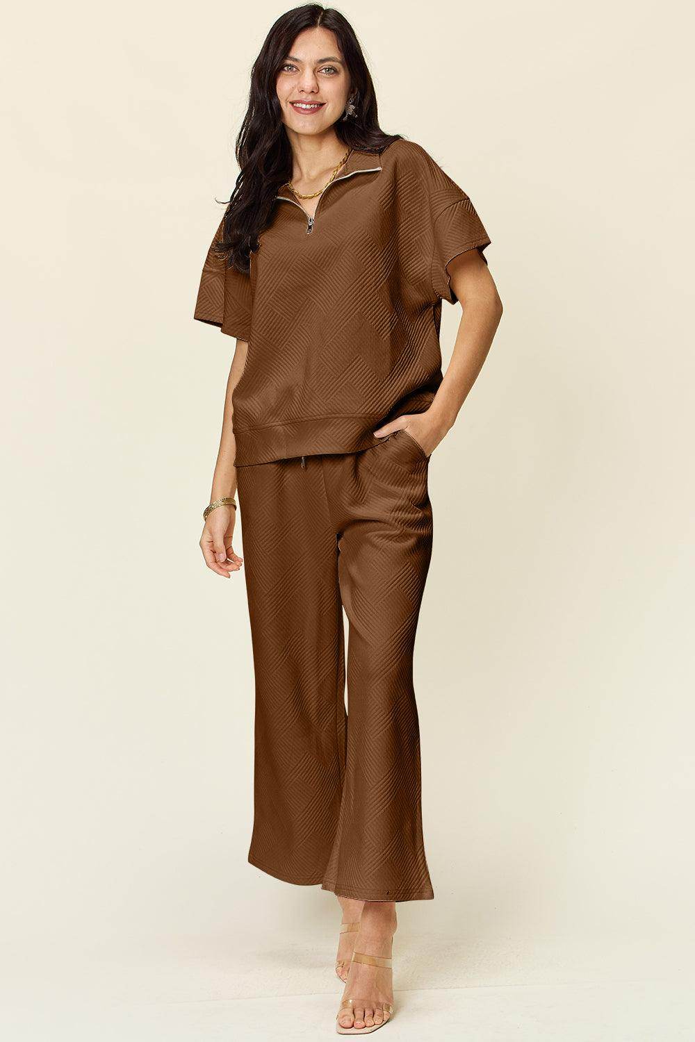 Double Take Full Size Texture Half Zip Short Sleeve Top Set - Selvanelle