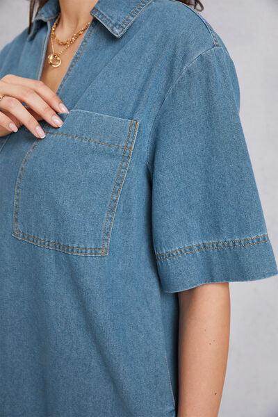 Stylish Pocketed Collared Neck Mini Denim Dress for Women - Selvanelle