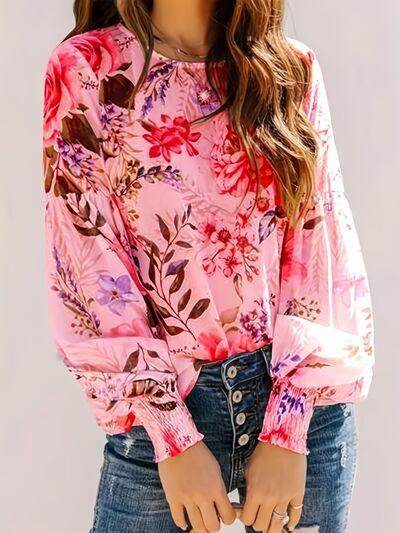 Smocked Printed Round Neck Lantern Sleeve Blouse for Women - Selvanelle