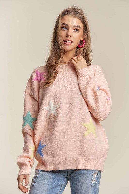 ADORA Stars Pattern Round Neck Drop Shoulder Sweater Style - Selvanelle