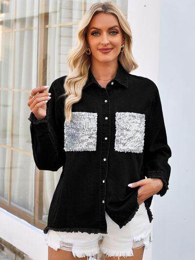 Raw Hem Button Up Long Sleeve Denim Jacket with Sequin Pockets - Selvanelle