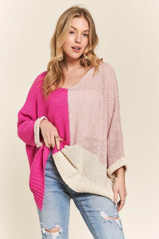 ADORA Side Slit Color Block Long Sleeve Sweater for Women - Selvanelle