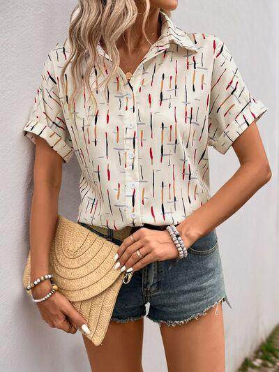 Perfee Printed Collared Neck Short Sleeve Shirt for Women - Selvanelle