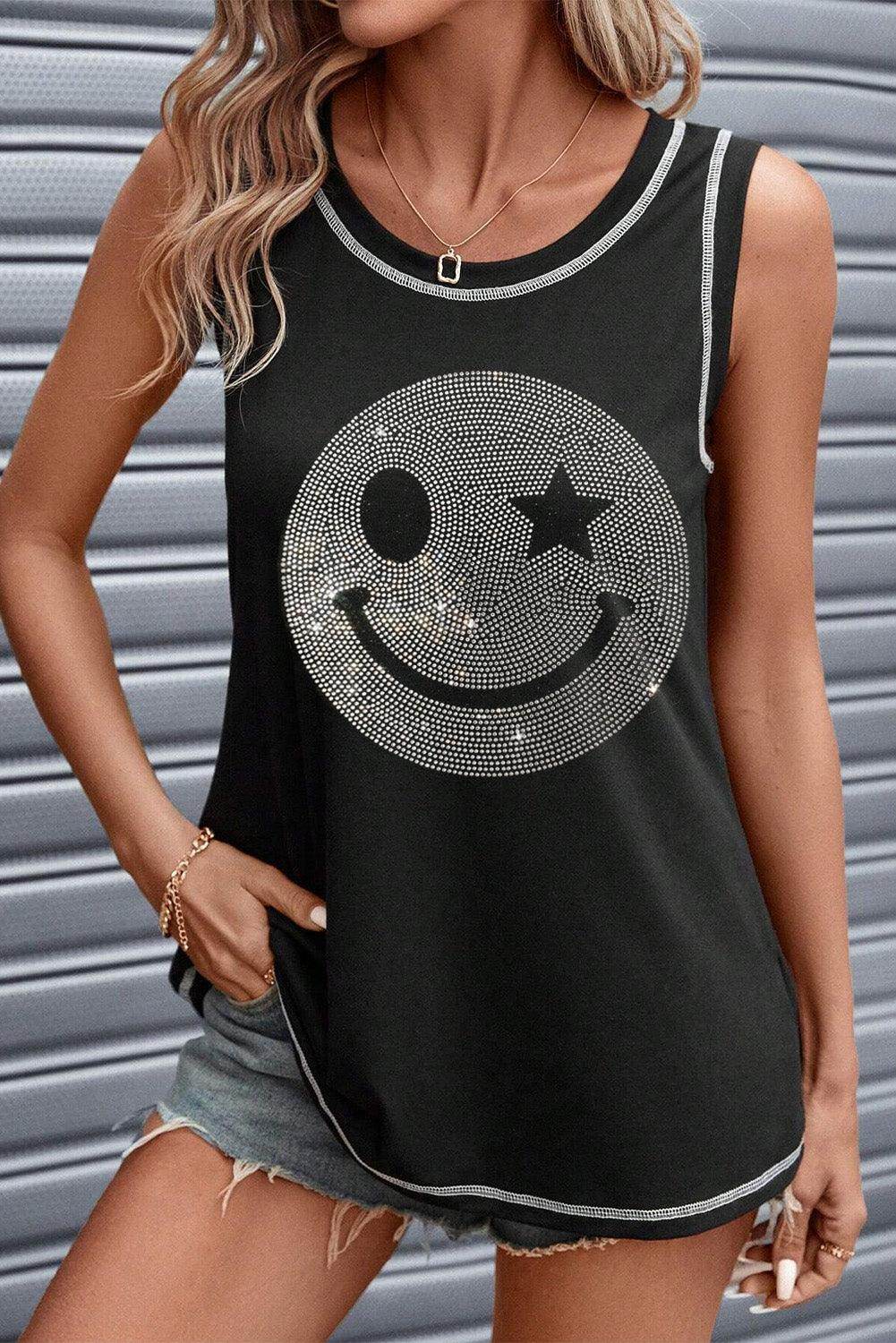 Rhinestone Smile Face Round Neck Tank Top for Women - Selvanelle