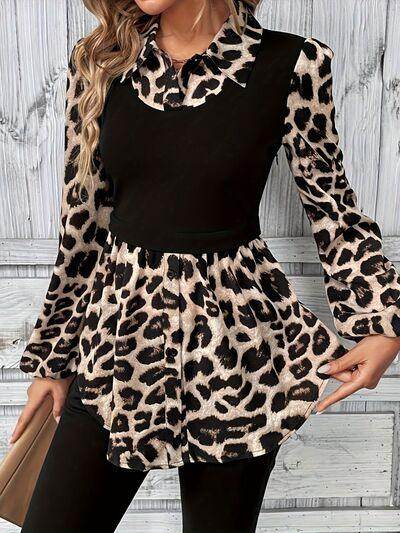 Leopard Collared Neck Balloon Sleeve Blouse for Women - Selvanelle