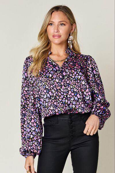 Double Take Full Size Printed Balloon Sleeve Shirt Opaque - Selvanelle