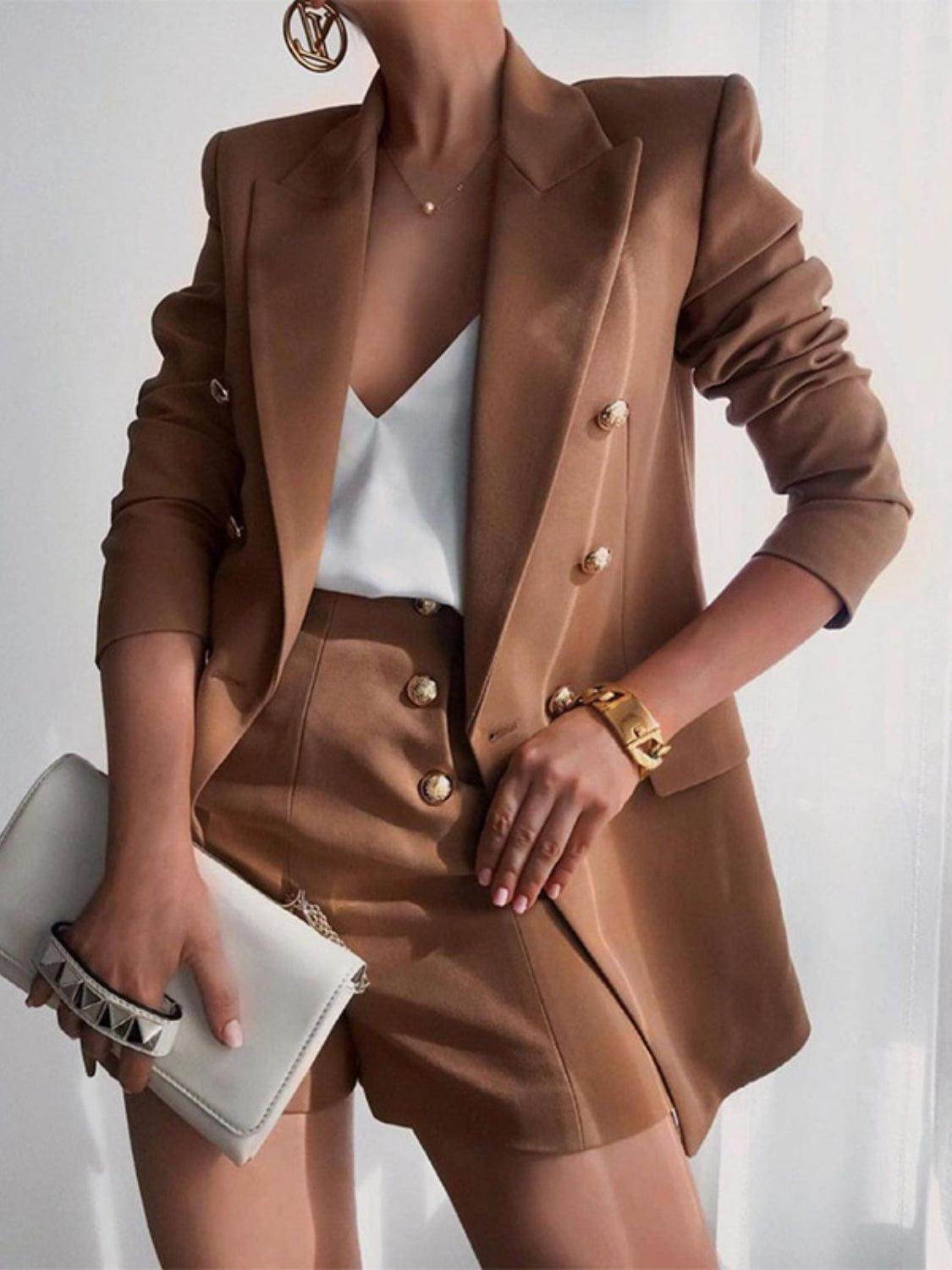 Lapel Collar Long Sleeve Blazer and Shorts Set for Women - Selvanelle