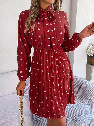 Polka Dot Tie Neck Pleated Dress for Stylish Occasions - Selvanelle