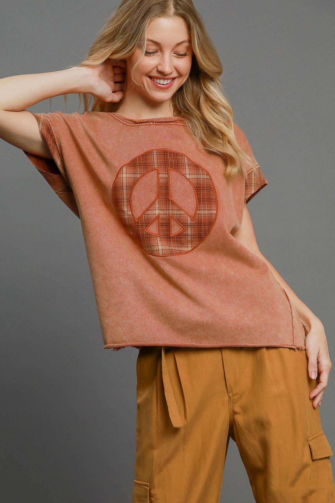 Umgee Peace Applique Round Neck French Terry Top for Women - Selvanelle