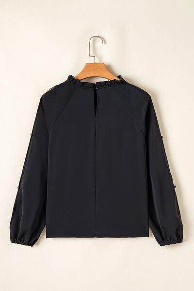 Mock Neck Cold Shoulder Blouse with Sheer Frill Details - Selvanelle