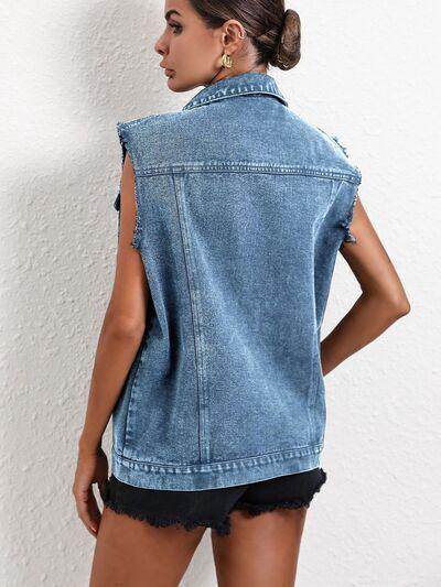 Pocketed Collared Neck Sleeveless Denim Top for Women - Selvanelle