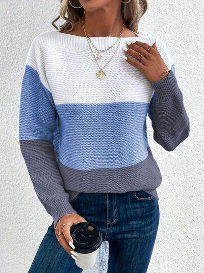 Color Block Boat Neck Sweater for Stylish Layering - Selvanelle