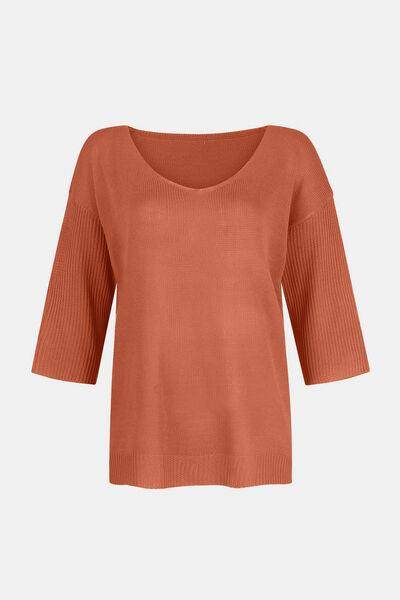 V-Neck Three-Quarter Sleeve Knit Top for Women Casual Wear - Selvanelle