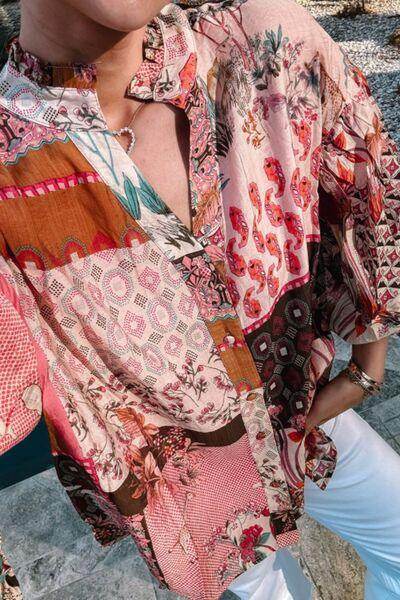 Patchwork Printed Notched Flounce Sleeve Shirt for Women - Selvanelle
