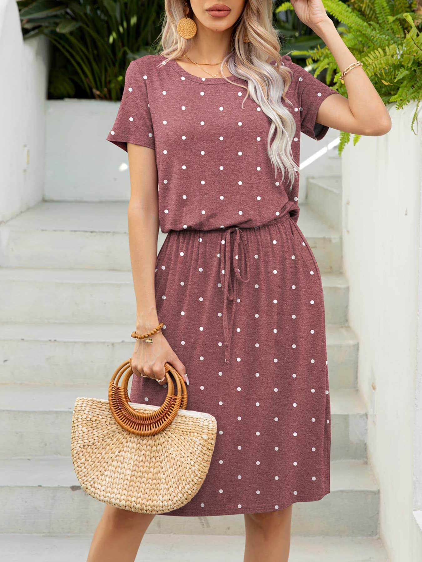Round Neck Short Sleeve Slit Dress with Pockets for Women - Selvanelle