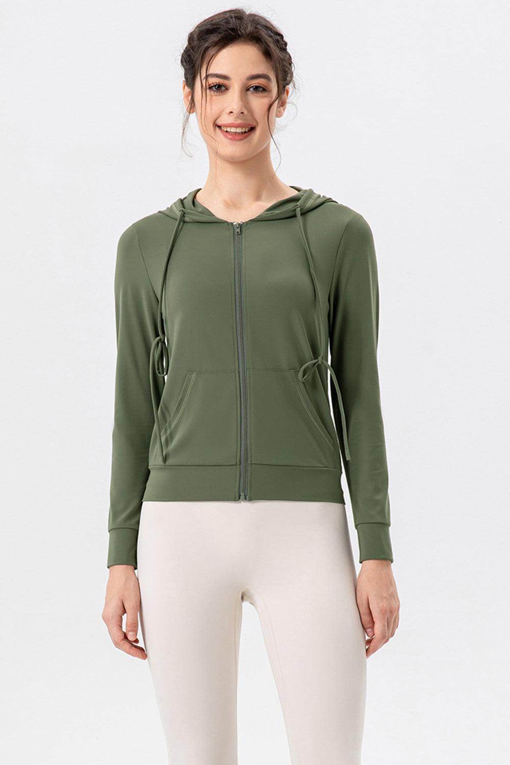 Drawstring Zip Up Hooded Active Outerwear for Women - Selvanelle