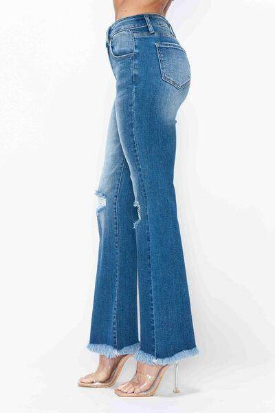 Bytos Full Size Raw Hem Distressed High Rise Bootcut Jeans - Selvanelle
