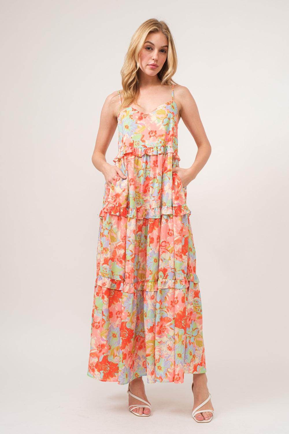 And The Why Floral Ruffled Tiered Maxi Adjustable Strap Cami Dress - Selvanelle