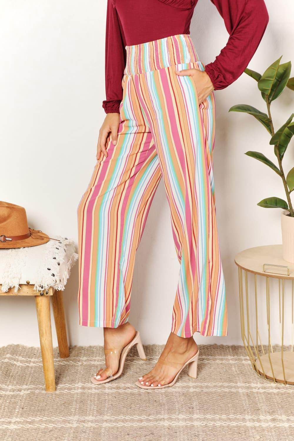 Double Take Striped Smocked Waist Pants with Pockets Stylish - Selvanelle