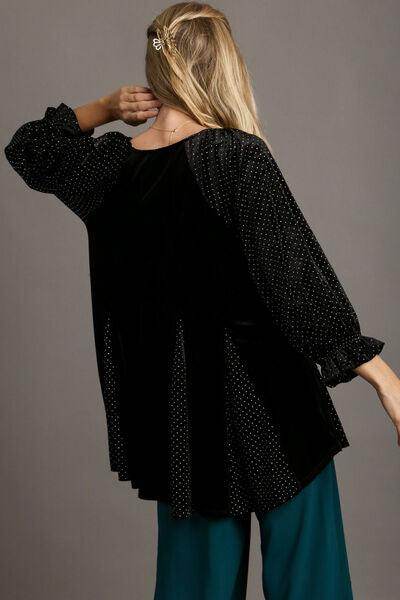 Umgee Godet Hem Polka Dot V-Neck Blouse for Women - Selvanelle