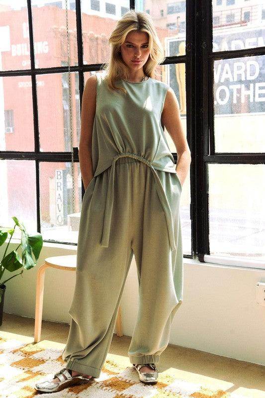 Davi & Dani Drawstring Hem Round Neck Tank and Pants Set - Selvanelle