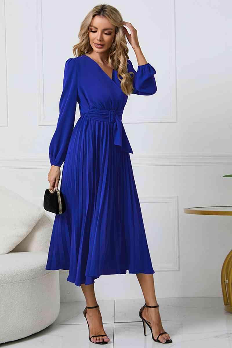 V-Neck Long Sleeve Tie Waist Midi Dress for Women - Selvanelle