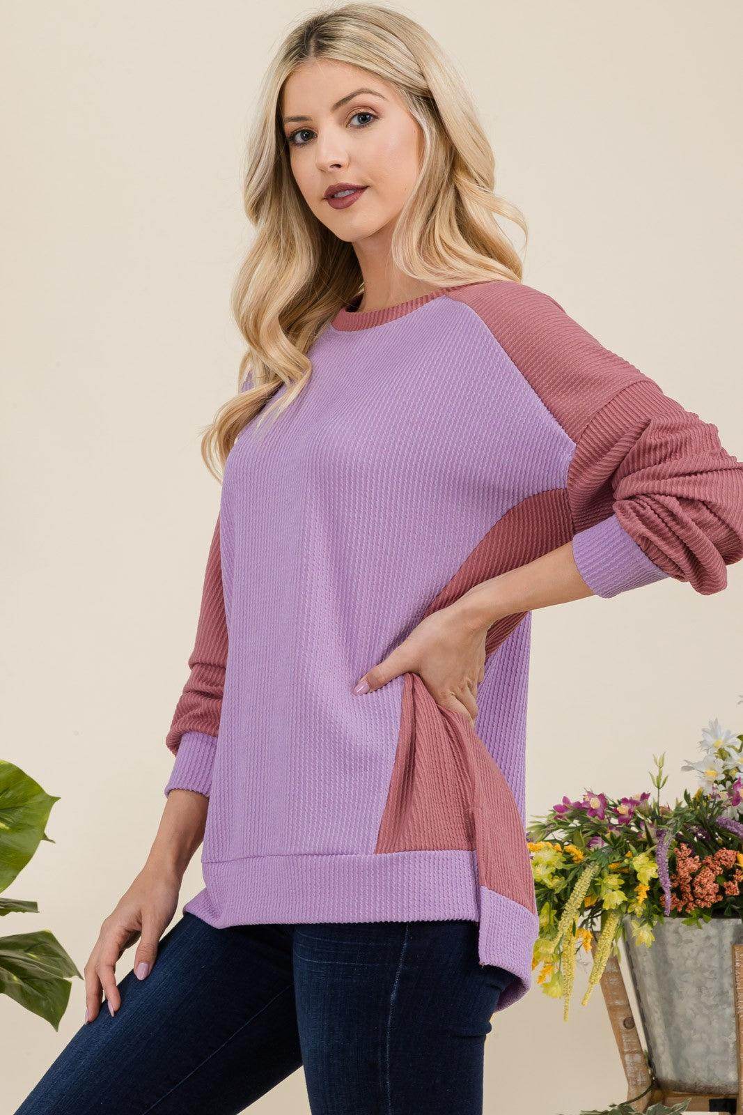 Celeste Full Size High-Low Contrast Round Neck Sweatshirt - Selvanelle