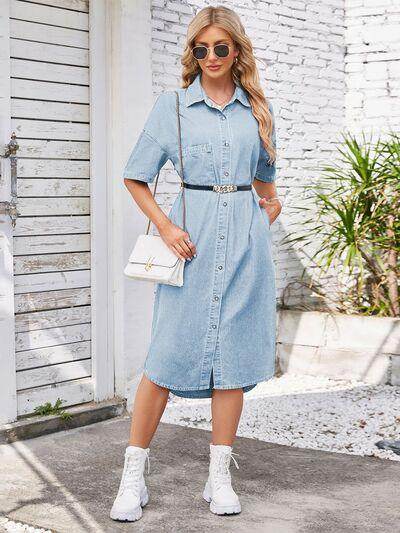 Button Up Dropped Shoulder Denim Dress for Casual Style - Selvanelle