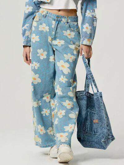 Pocketed Floral Wide Leg Jeans for Stylish Comfort - Selvanelle