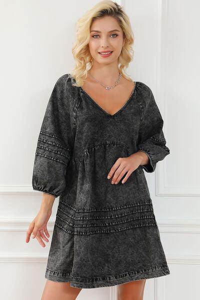 V-Neck Tie Back Mini Denim Dress for Women in Various Sizes - Selvanelle