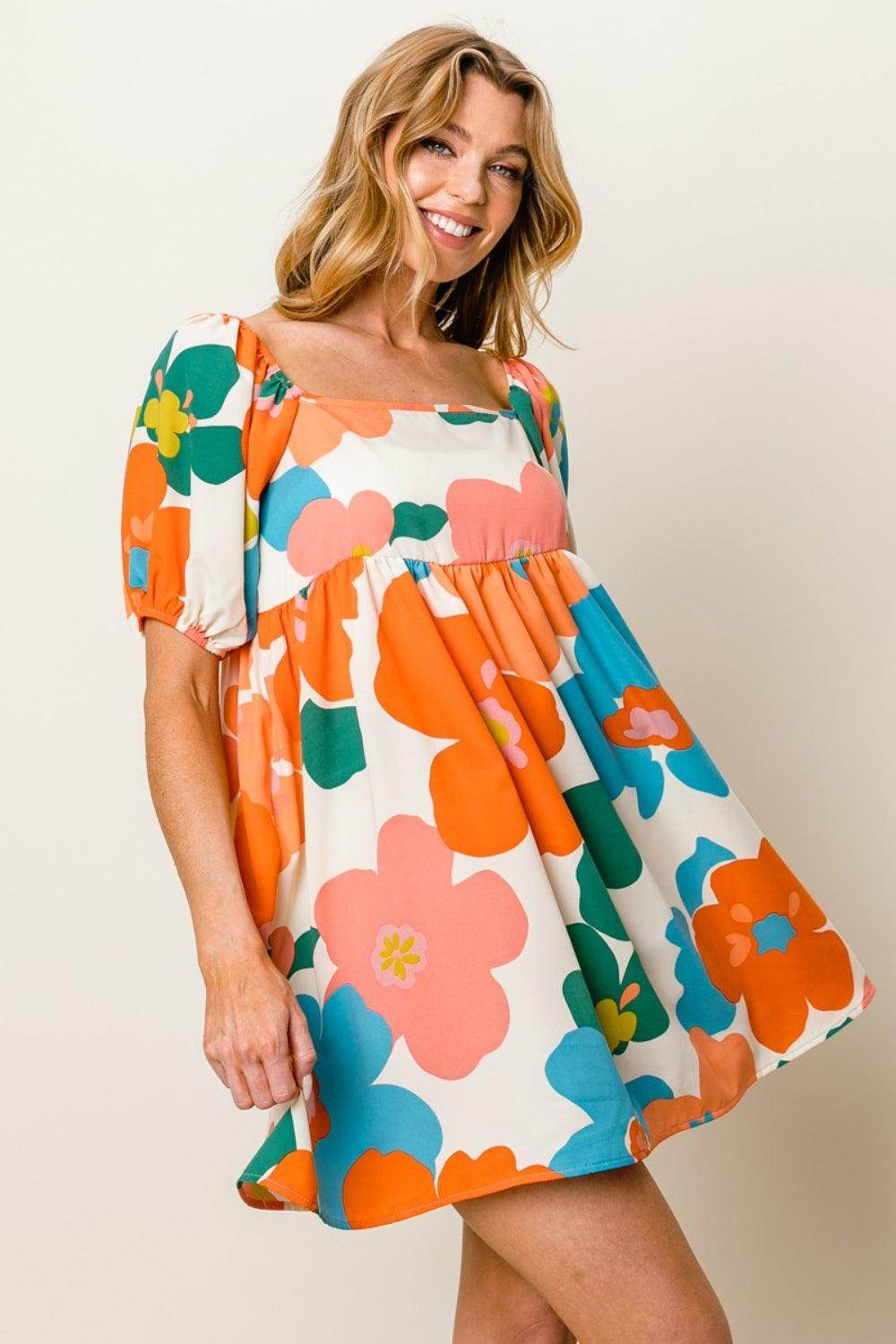 BiBi Floral Puff Sleeve Mini Dress for Stylish Women - Selvanelle