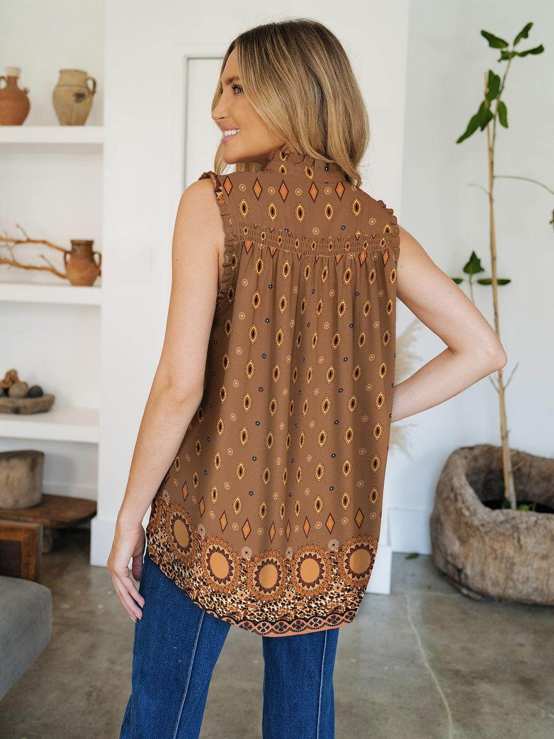 FAM-FAM Frill Printed Mock Neck Top for Stylish Women - Selvanelle