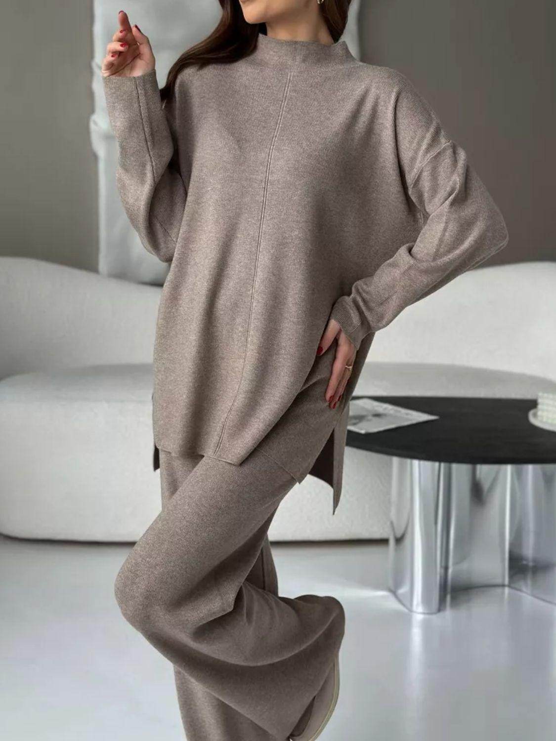 Slit Mock Neck Top and Pants Sweater Set for Women - Selvanelle
