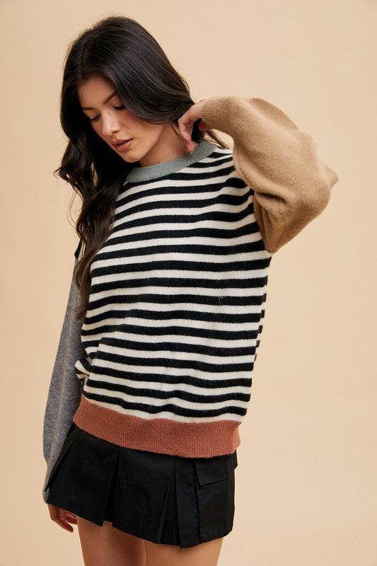 Annie Wear Striped Color Block Round Neck Sweater for Women - Selvanelle