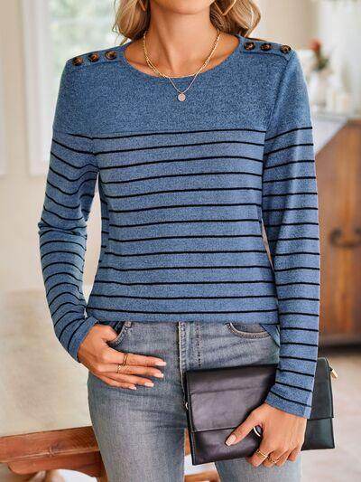 Lovelet Striped Round Neck Long Sleeve T-Shirt for Women - Selvanelle