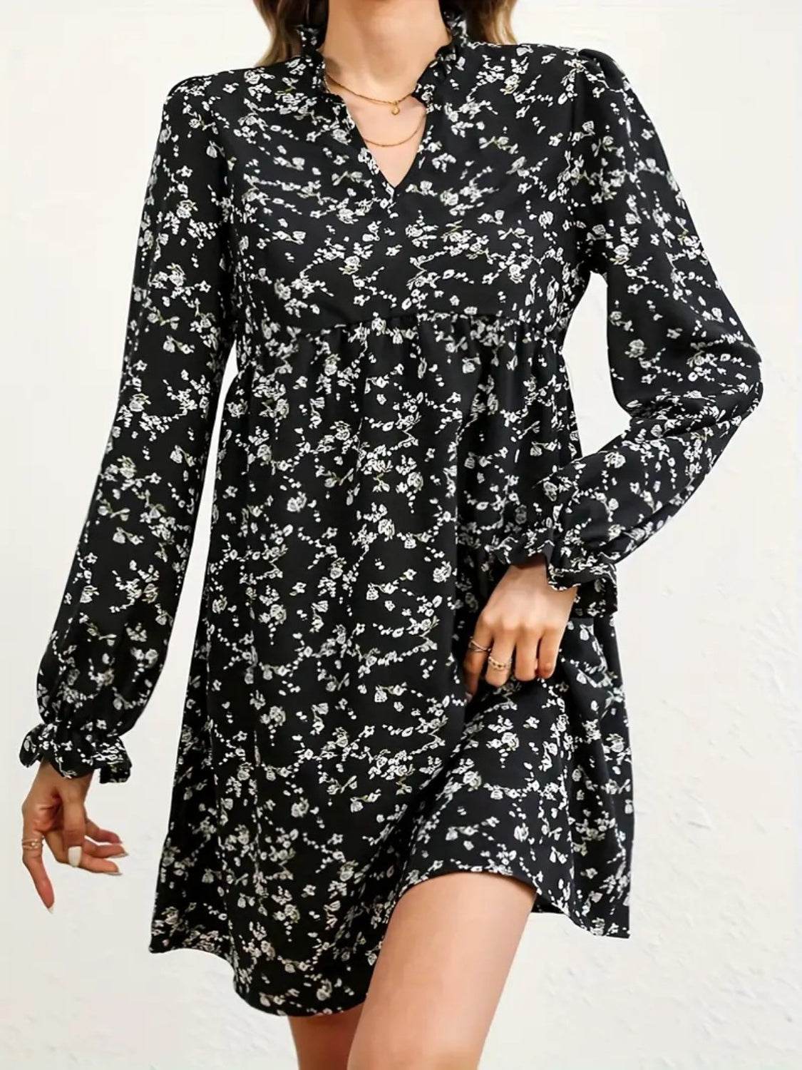 Ditsy Floral Notched Flounce Sleeve Dress - Selvanelle