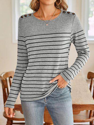 Lovelet Striped Round Neck Long Sleeve T-Shirt for Women - Selvanelle