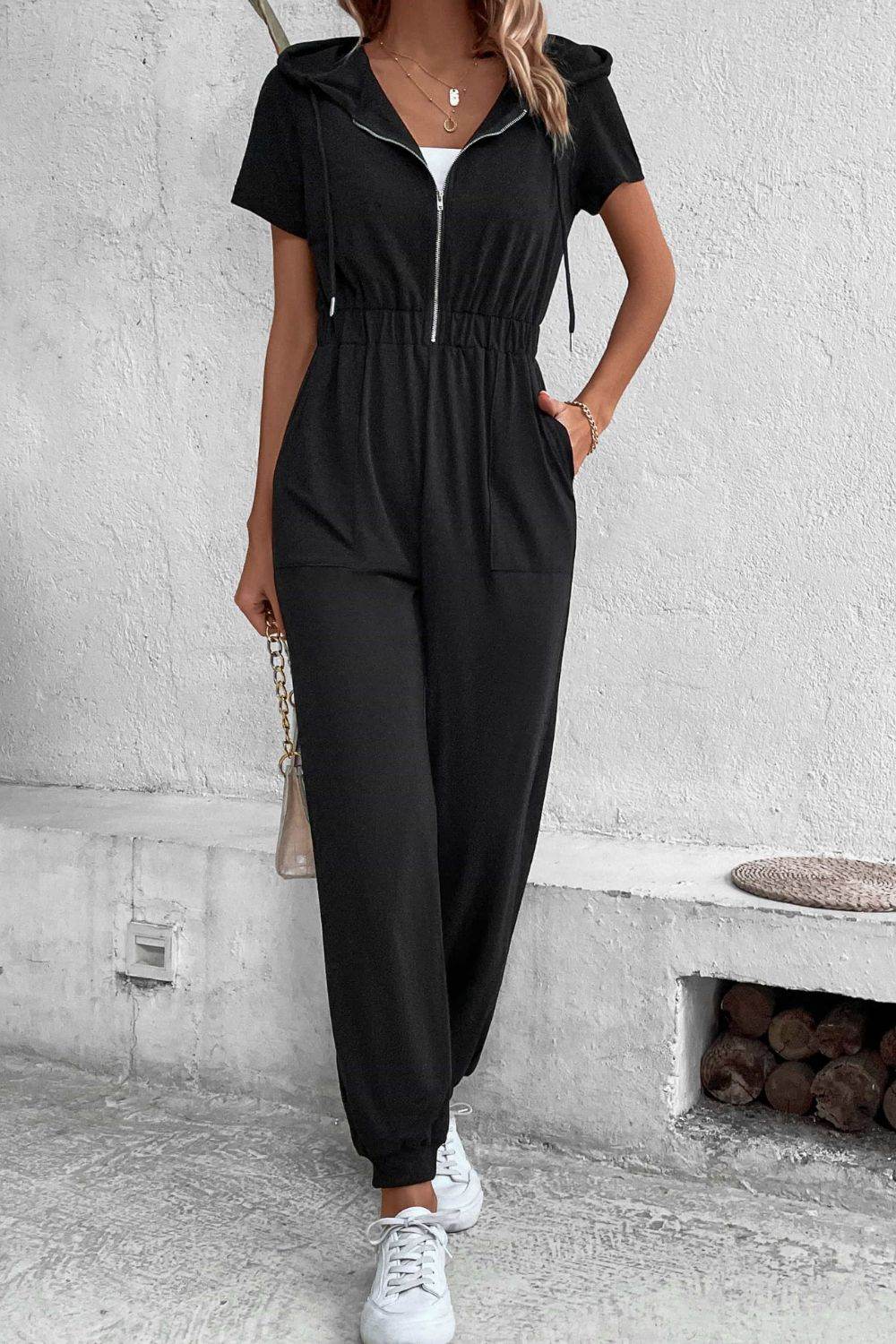Perfee Zip-Up Short Sleeve Hooded Jumpsuit with Pockets - Selvanelle