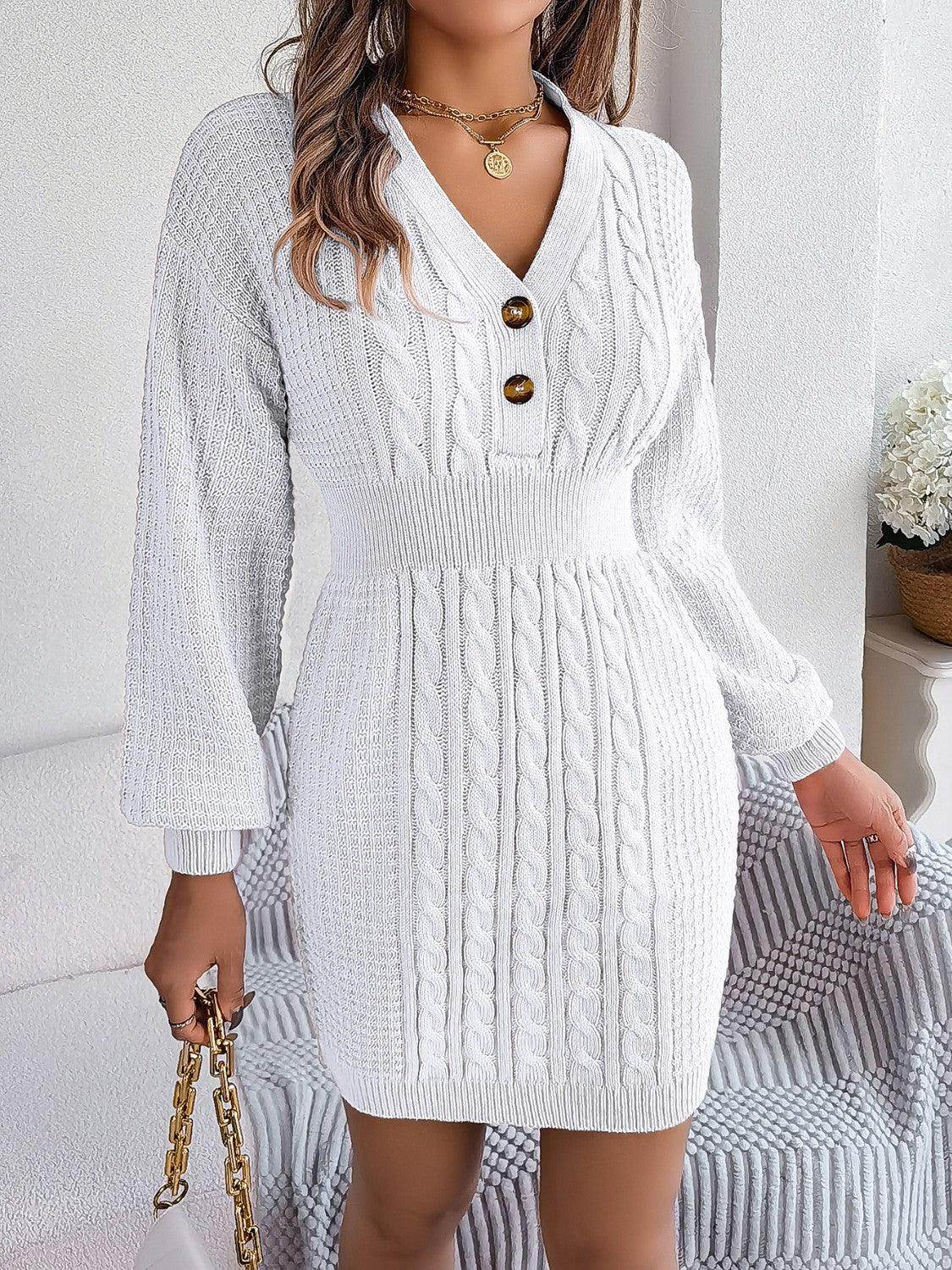 Buttoned Cable-Knit V-Neck Sweater Dress for Women - Selvanelle