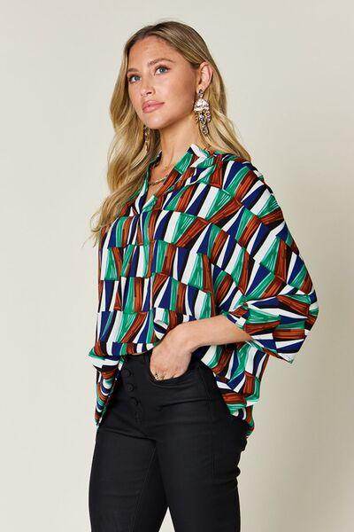 Double Take Full Size Geometric Notched Dolman Sleeve Top - Selvanelle