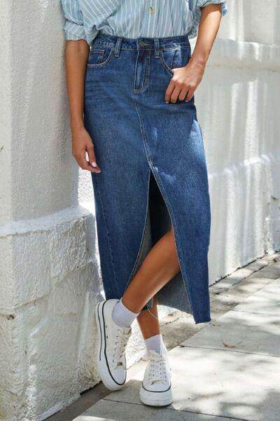 Slit Raw Hem Midi Denim Skirt for Effortless Style - Selvanelle