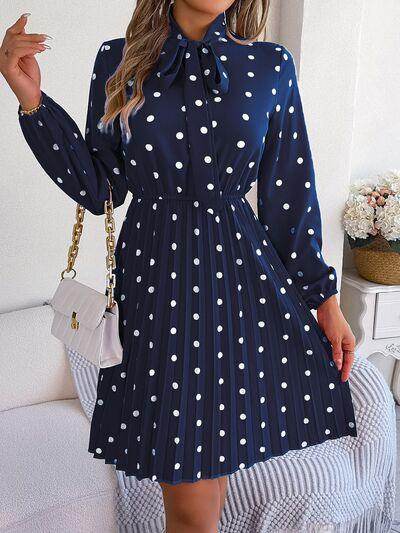 Polka Dot Tie Neck Pleated Dress for Stylish Occasions - Selvanelle
