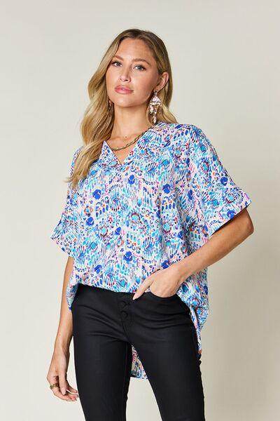 Double Take Full Size Printed V-Neck Short Sleeve Blouse - Selvanelle