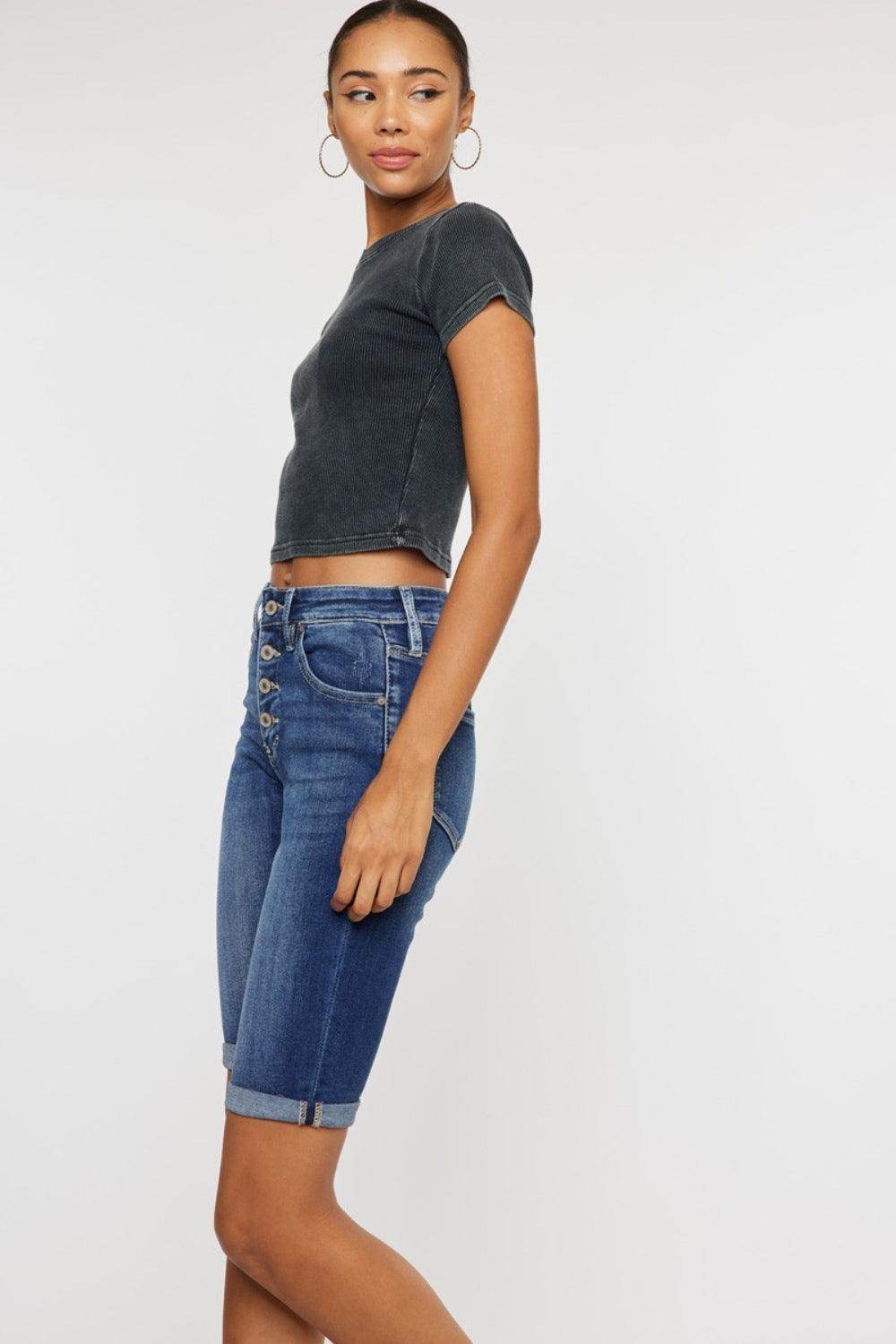 Kancan Full Size Cat's Whiskers Button Fly Denim Shorts - Selvanelle