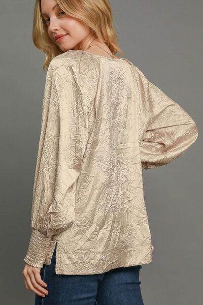 Umgee Wrinkled Round Neck Lantern Sleeve Blouse for Women - Selvanelle