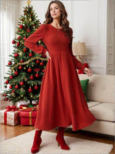 Ribbed Round Neck Long Sleeve Dress for Effortless Style - Selvanelle