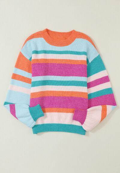 Striped Round Neck Drop Shoulder Sweater for Women - Selvanelle