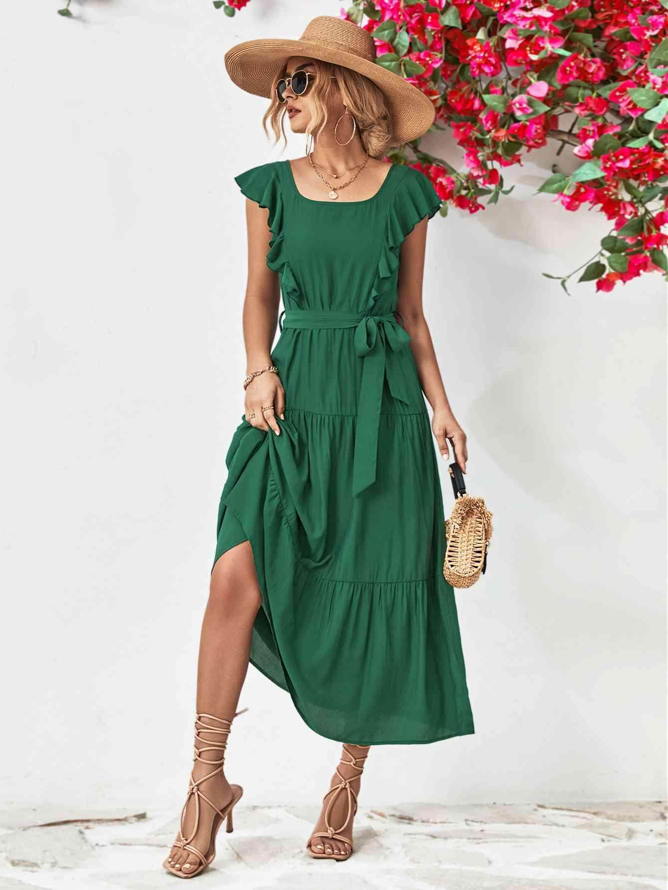 Tie Belt Ruffled Tiered Dress for Chic Midi Style - Selvanelle